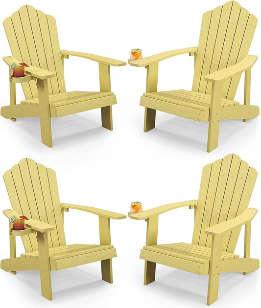 Tangkula Oversized Adirondack Chair, Patio Lounge Chairs w/Adjustable Cup Holder, HIPS Armchairs Slatted Chair, Outdoor Weather Resistant Fire Pit Chair for Deck Backyard Garden Porch (4, Yellow)