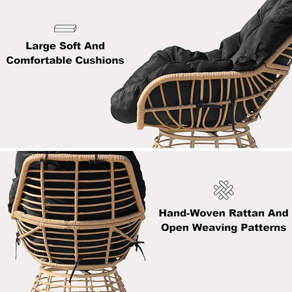 Swivel Chairs for Outside Patio Set of 3, 360° Swivel Pe Wicker Luxury Lounger Chair with 20" Side Table, Soft Cushion and Durable Frame, for Apartment Balcony, Patio, Porch, Yard (Black)