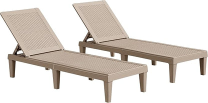 JUMMICO Patio Chaise Lounge Chair Set of 2 Outdoor PE Waterproof Adjustable Easy Assembly Lounge Chairs for Outside Pool Garden Deck Beach (Light Brown, Set of 2)