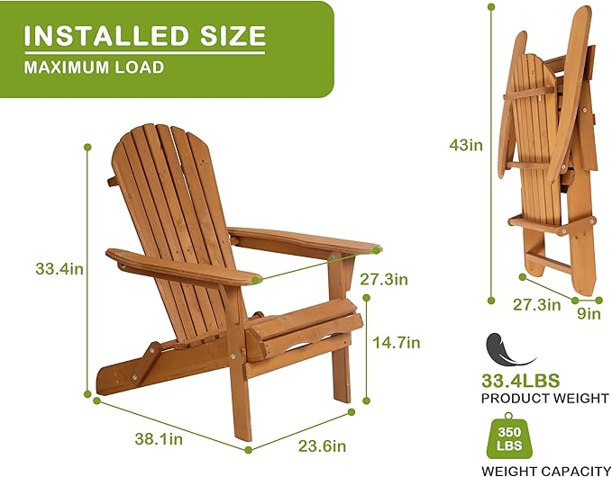 Foldable Adirondack Chairs, All-Weather Lawn & Patio Chairs with Wide Armrests, Solid Wood Outdoor Chairs - 350 Lbs - Photo 2