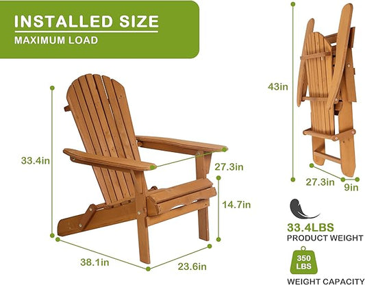 Foldable Adirondack Chairs, All-Weather Lawn & Patio Chairs with Wide Armrests, Solid Wood Outdoor Chairs - 350 Lbs, Natural