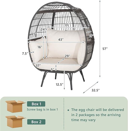 Tangkula Oversized Wicker Egg Chair, Stationary Patio Lounge Basket w/ 4 Soft Cushions, Stable Metal Frame, Gorgeous Indoor Outdoor Lounge Chair, Ideal for Living Room, Backyard, 450 LBS Max Load