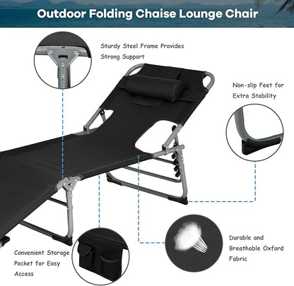 GYMAX Tanning Chair, Folding Beach Lounger with Face Arm Hole, Adjustable Backrest, Side Pocket, Pillow & Carry Handle, Outside Sunbathing Lounge Chair for Patio, Poolside, Lawn (2, Black)