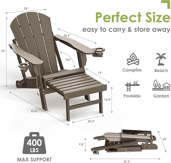 GREENVINES Adirondack-Chairs-with-Ottoman | Set of 4 | Wood Grain | Folding | Retractable-Footrest | HDPE Plastic - Photo 2