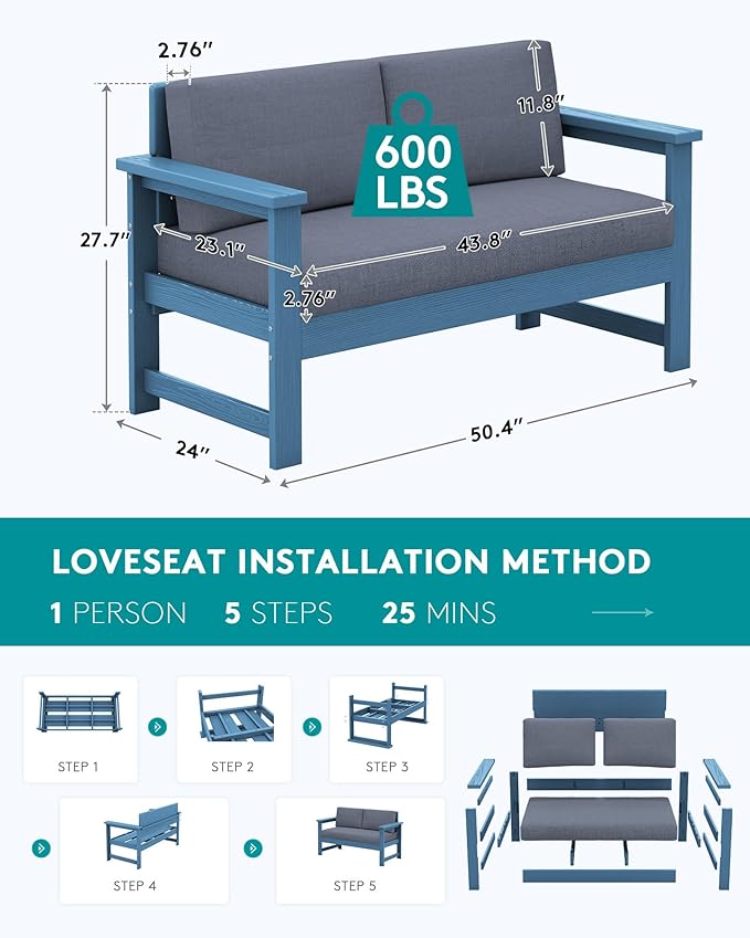 SERWALL Blue HDPE Outdoor Loveseat with Grey Cushions - Photo 2
