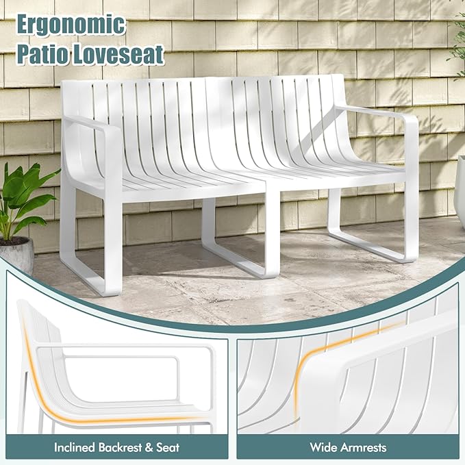Tangkula Patio Loveseat, Weather-Resistant Plastic 2-Person Bench with Curved Backrest, Outdoor Conversation Furniture with Slatted Design for Patio, Poolside, Backyard, Garden, Deck, Lawn (White)