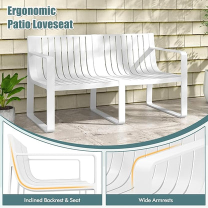 Tangkula Patio Loveseat, Weather-Resistant Plastic 2-Person Bench with Curved Backrest, Outdoor Conversation Furniture with Slatted Design for Patio, Poolside, Backyard, Garden, Deck, Lawn (White)