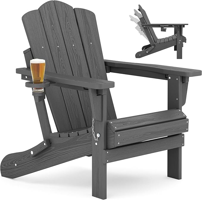 KINGYES Folding Adjustable Adirondack Chair, All Weather Resistant Reclining Adirondack Chair with Cup Holder - Photo 1