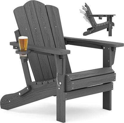 KINGYES Folding Adjustable Adirondack Chair, All Weather Resistant Reclining Adirondack Chair with Cup Holder, HDPE Folding Adirondack Chairs, Gray