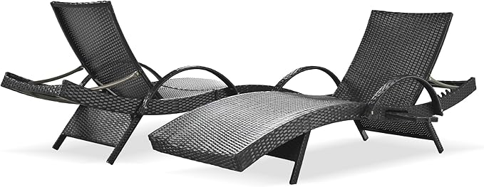Set of 2 Reclining Chaise Lounge with Pull-Out Side Table, 80'' Outdoor Wicker Lounge Chairs Adjustable Backrest Patio Rattan Recliner for Garden Pool Beach Deck Sunbathing (Black)