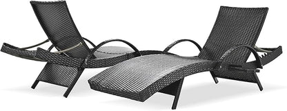 Set of 2 Reclining Chaise Lounge with Pull-Out Side Table, 80'' Outdoor Wicker Lounge Chairs Adjustable Backrest Patio Rattan Recliner for Garden Pool Beach Deck Sunbathing (Black)