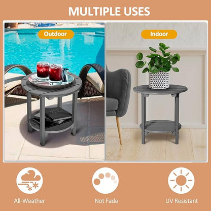 Round Adirondack Outdoor Side Table, 17.7" Small Patio End Table, 2-Tier HDPE Plastic Table for Poolside Porch Garden, Weather Resistant & Easy Assembly(Grey)