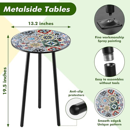 1 Pack Metal Outdoor Side Table Small Outside Round End Table for Patio Modern Accent Garden Corner Table for Small Spaces, Balcony, Porch, Weather-Resistant, Plant Stand Indoor, Mixed Mosaic