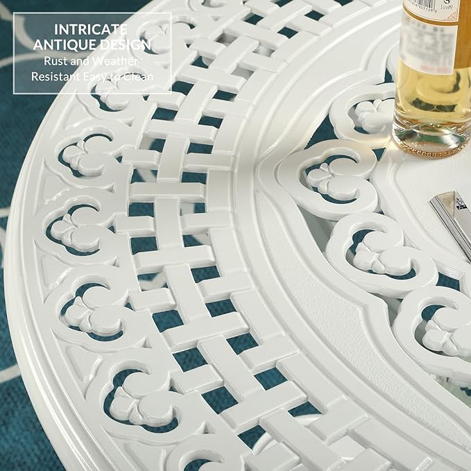 VIVIJASON 38.5" Patio Bistro Table Outdoor Dining Round Table White Cast Aluminum Table with Umbrella Hole