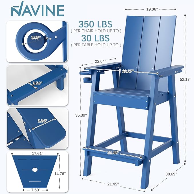 Tall Adirondack Chair Set of 2, HDPE Balcony Chairs with Connecting Tray, Two Cup Holders, All-Weather Adirondack Bar Stools for Patio, Balcony, Backyard, Poolside, Navy Blue