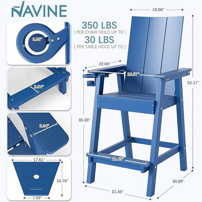 Tall Adirondack Chair Set of 2, HDPE Balcony Chairs with Connecting Tray, Two Cup Holders, All-Weather Adirondack Bar Stools for Patio, Balcony, Backyard, Poolside, Navy Blue