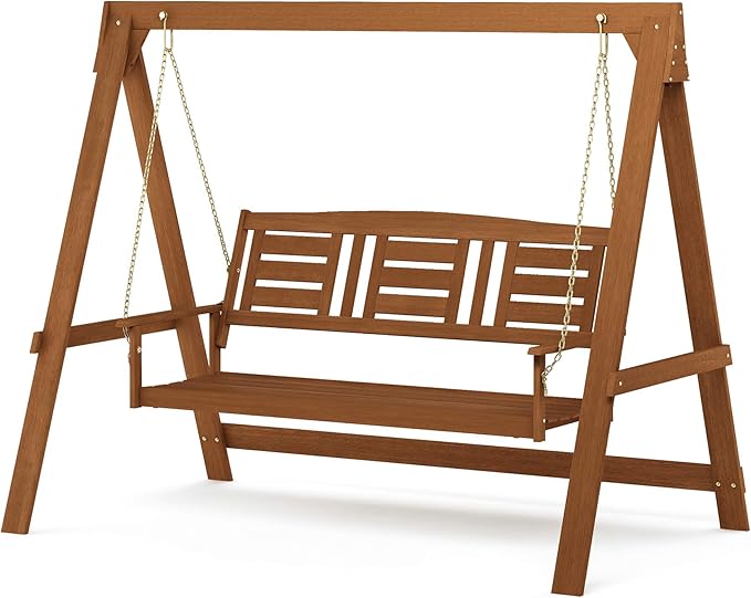 Furinno Tioman Hardwood Patio / Garden / Outdoor Large Porch Swing, 3 Seater with Hanging Frame, Natural - Photo 1