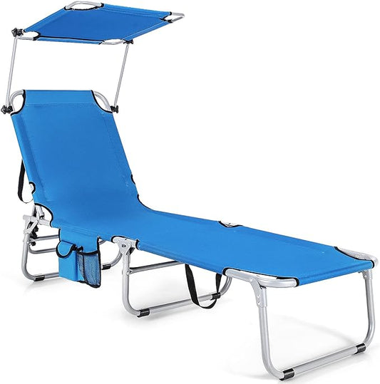 Goplus Tanning Chair, Foldable Beach Lounge Chair with 360°Canopy Sun Shade, Side Pocket, 5-Position Adjustable Outdoor Chaise Lounge Chair for Patio Pool Yard Lawn (1, Blue)