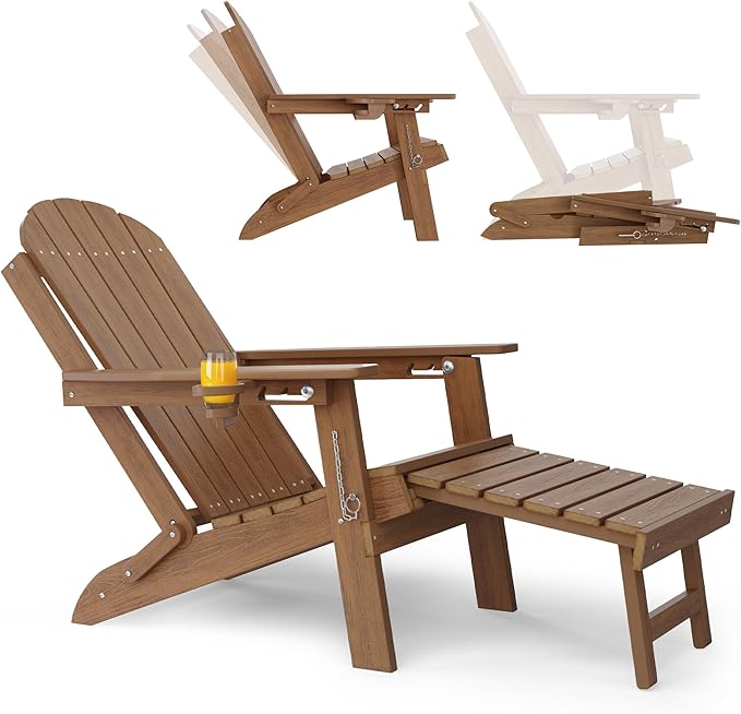 YEFU Adirondack Chair with Footrest Adjustable: Folding Adirondack Chairs with Retractable Ottoman - Sturdy HDEP Plastic & Cup Holder - All Weather for Patio/Fire Pit/Outdoor/Deck(Shallow Walnut)