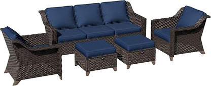 5 Pieces Patio Conversation Furniture Set - 1 Sofa, 2 Armchairs, 2 Ottomans, Outdoor Wicker Furniture with Removable Cushions for Porch, Balcony, Sunroom (Blue)