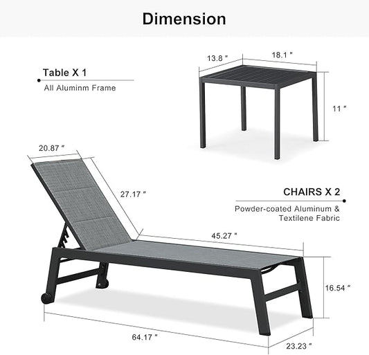 PURPLE LEAF Outdoor Chaise Lounge Set of 4 Aluminum Patio Lounge Chair with Wheels and Side Table Pool Chaise Lounge Chair for Outdoor Backyard Poolside Mixed Grey (4 Lounges Chairs W/Table)