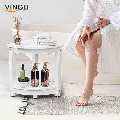 VINGLI Outdoor Side Table, HDPE Space-Saving Patio Side Table Corner Table Shower Bench, Waterproof 2-Tier Patio End Tables for Balcony Garden Deck (White)