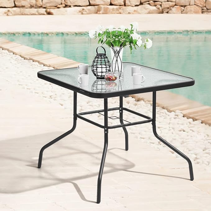 Patio Table Patio Dining Table Bistro Table Rectangular Furniture Outdoor Patio Coffee Small Balcony End Outside Console Umbrella Hole Tempered Glass Conversation Black