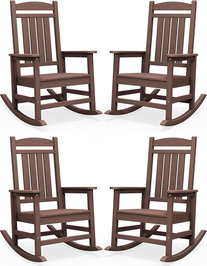 SERWALL HDPE Outdoor Rocking Chair Set of 4, Oversized Patio Rocking Chairs, All-Weather Porch Rockers for Adults, Coffee
