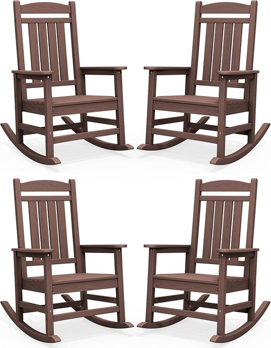 SERWALL HDPE Outdoor Rocking Chair Set of 4, Oversized Patio Rocking Chairs, All-Weather Porch Rockers for Adults, Coffee