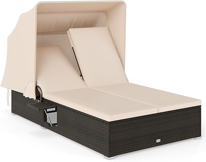 Tangkula Outdoor Rattan Daybed with Canopy & 6-Level Adjustable Backrests - Photo 1