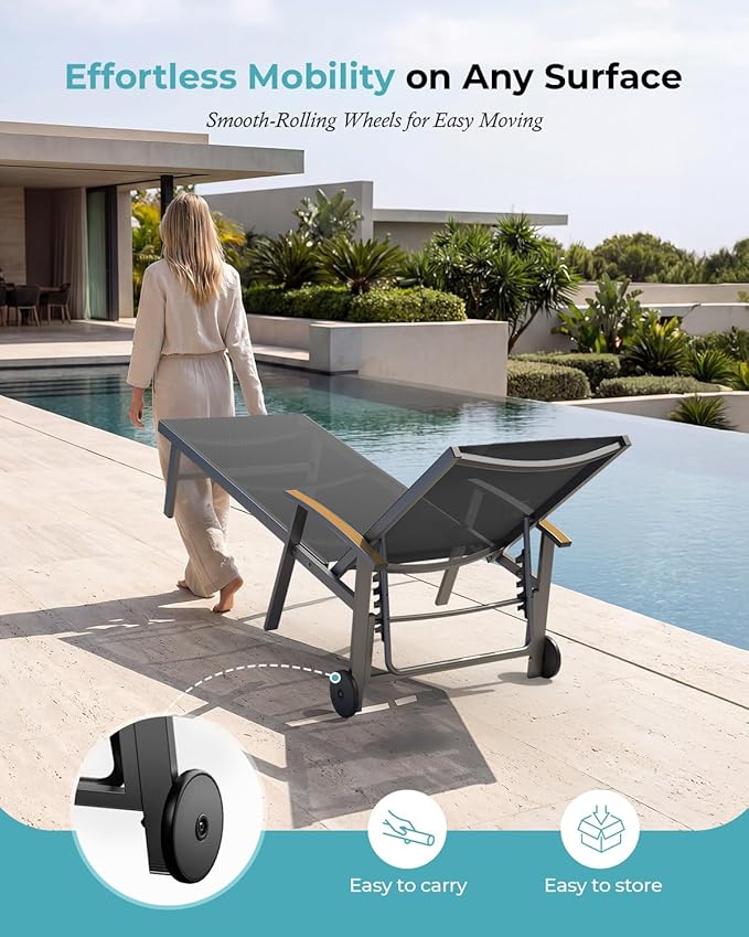 Ciokea Outdoor Lounge Chair with Pillow, 5-Position Aluminum Chaise Lounge with Wheels & Armrests - Photo 6