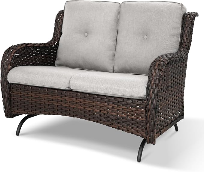 Patio Loveseat Wicker Loveseat Rattan Glider Sofa with Curved Armrest Thicking Back & Seat Cushions for Garden Balcony - Photo 2