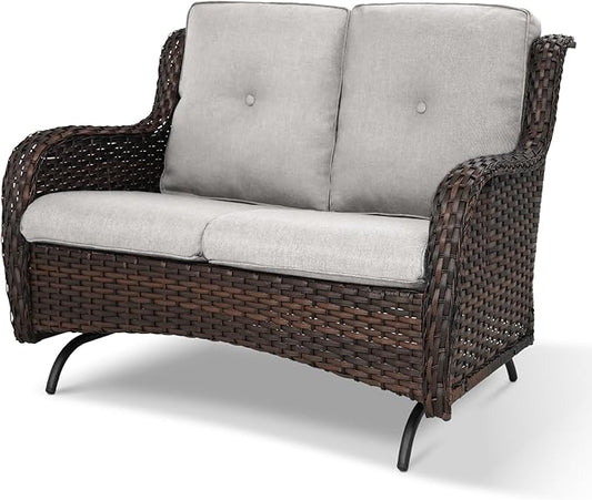 Patio Loveseat Wicker Loveseat Rattan Glider Sofa with Curved Armrest Thicking Back & Seat Cushions for Garden Balcony Backyard Brown Wicker|Beige Cushions (A) Patio Loveseat Glider