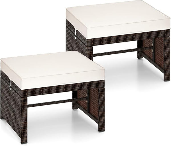 RELAX4LIFE Wicker Outdoor Ottoman Set of 2 - Rattan Footstools Foot Rest w/Removable Cushions - Photo 1