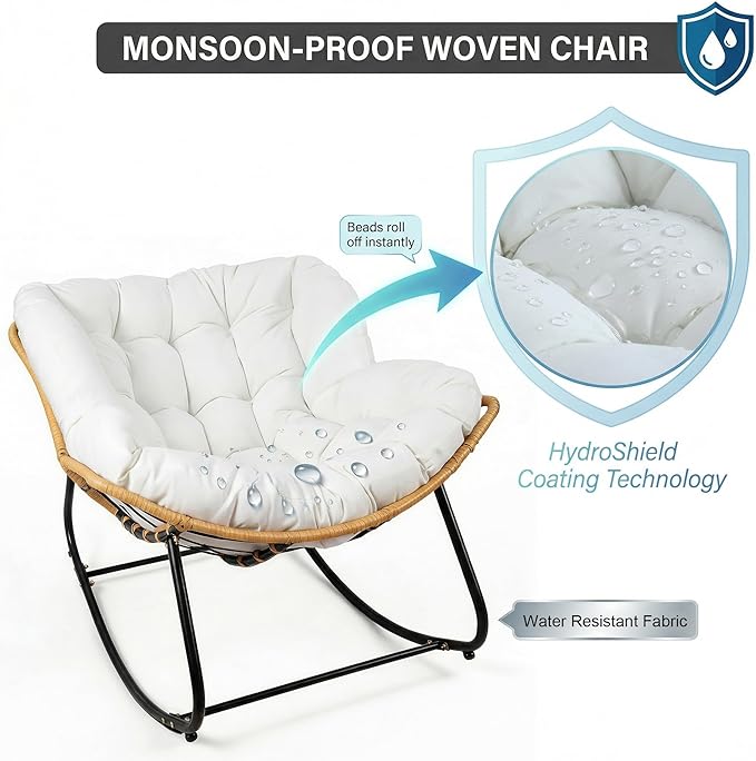 Outdoor Rocking Chair, Papasan Egg Style with Thick Cushion, Comfy Patio Lounge Chair for Balcony, Porch and Living Room - Photo 7