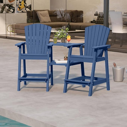 Navy Blue HDPE Tall Adirondack Chair Set of 2 with Beige 9FT Patio Umbrella, All-Weather Outdoor Bar Height Chairs with Trays & Umbrella Hole for Garden, Balcony, Lawn
