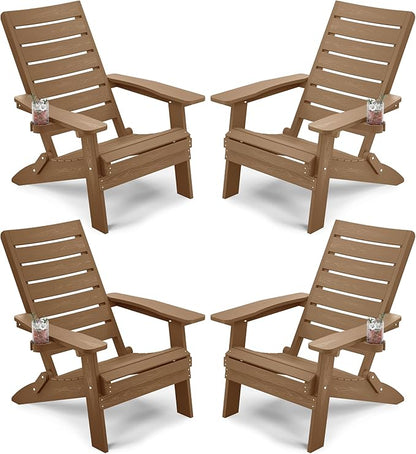 YEFU Folding Adirondack Chairs Set of 4, Oversized Outdoor Patio Chair with Cup Holder & Arc Back, Weather Resistant Plastic Lawn Chair for Garden Backyard Deck Fire Pit, Teak