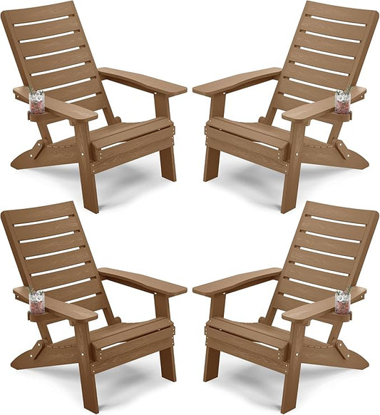 YEFU Folding Adirondack Chairs Set of 4, Oversized Outdoor Patio Chair with Cup Holder & Arc Back, Weather Resistant Plastic Lawn Chair for Garden Backyard Deck Fire Pit, Teak
