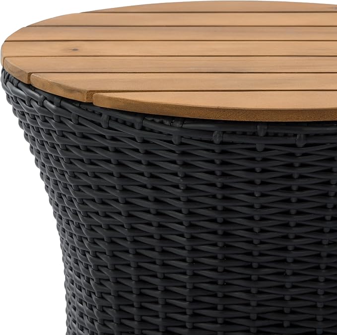 Christopher Knight Home Fenton 17.5" Outdoor Side Table, Round Patio End Table with Wood Top and Wicker Base, Small Outdoor Coffee Table for Balcony Garden Poolside, Accent Garden Stool, Black+Natural