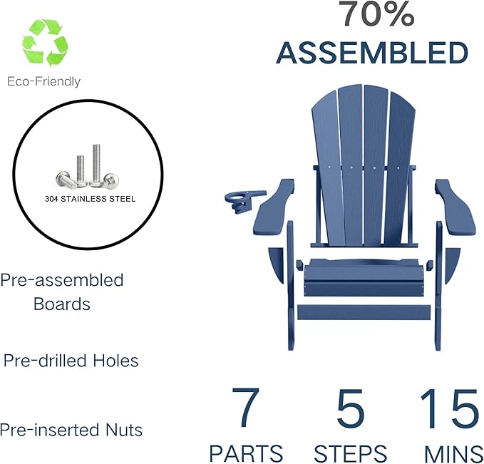 Foldable Adirondack Chair with Cup Holder-Heavy Duty Recycled HDPE Outdoor Patio Furniture, Weather Resistant Deck Lawn Fire Pit Chair (Navy, 2 Chair)