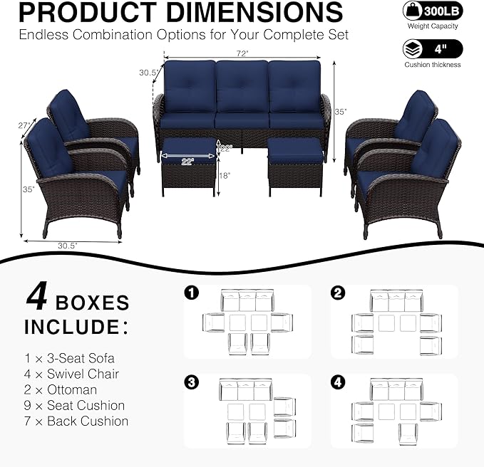 Joyside Wicker Patio Furniture Set, 7 Piece Outdoor Furniture Set with Thickened Cushions, High Back, Deep Seating, Wide Armrest, Rattan Outdoor Chairs for Porch, Deck