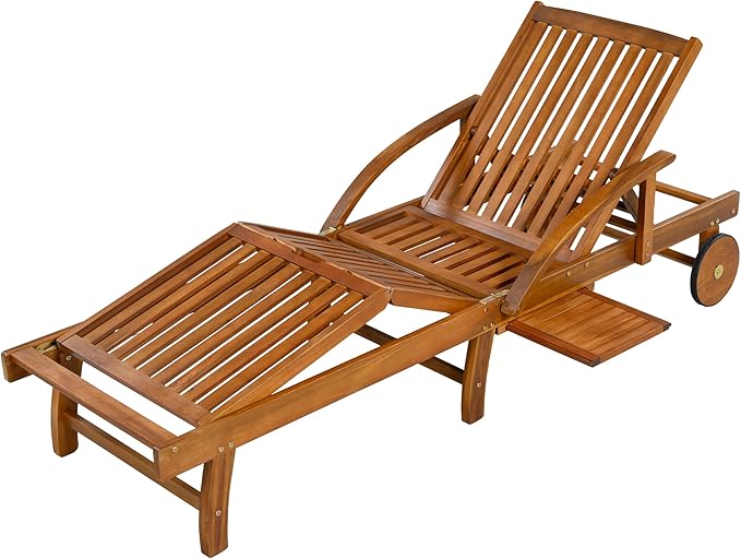 Acacia Wood Outdoor Patio Chaise Lounge, All Weather Reclining Lounge Chairs with Adjustable Backrest& Leg Rest, 2 Wheels, Headrest, Retractable Side Tray for Poolside Garden Beach (Beige-3.17)