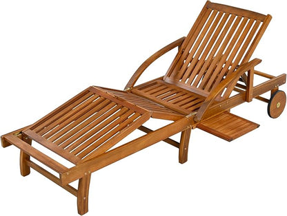 Acacia Wood Outdoor Patio Chaise Lounge, All Weather Reclining Lounge Chairs with Adjustable Backrest& Leg Rest, 2 Wheels, Headrest, Retractable Side Tray for Poolside Garden Beach (Beige-3.17)