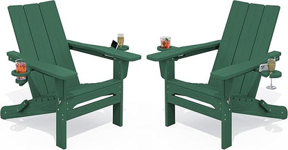 SERWALL Modern Adirondack Chair Set of 2, Folding Adirondack Chair with Cup Holders, Fire Pit Chairs, Lawn Chair for Patio Garden, Green