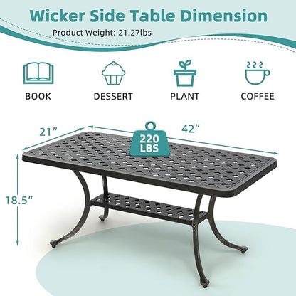 MEETWARM Outdoor Cast Aluminum Coffee Table, 42" Rectangle Patio Coffee Table with 2-Tier Storage Shelf, All-Weather Heavy Duty Patio Side Table for Outside Poolside Deck Garden & Indoor, Dark Bronze