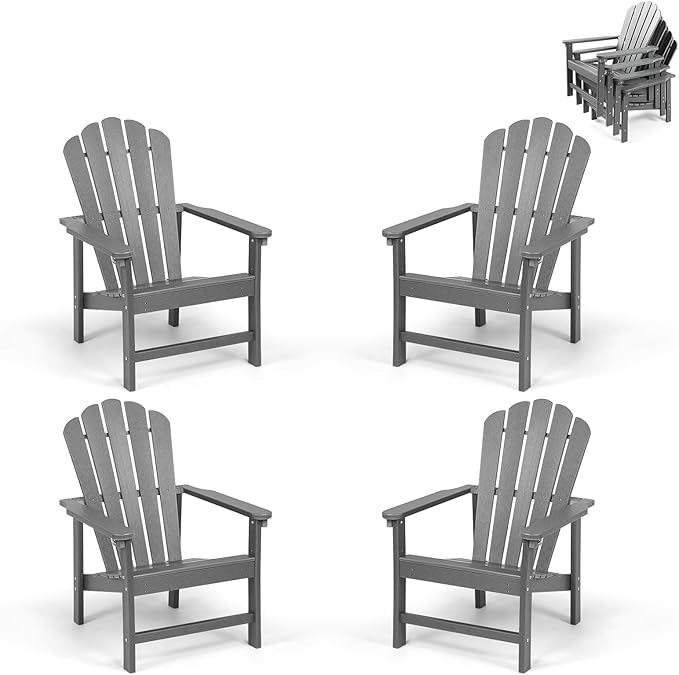Stackable Adirondack Chairs Set of 4, Space Saving HDPE All-Weather Fire Pit Chair with Cover for Outdoor Lawn Porch Deck