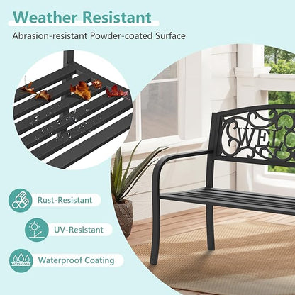 50 Inches Outdoor Garden Bench, Outside Bench with Anti-Rust Steel Metal Frame ＆ Non-Slip Legs, Patio Bench with Floral Pattern Backrest (Welcome)
