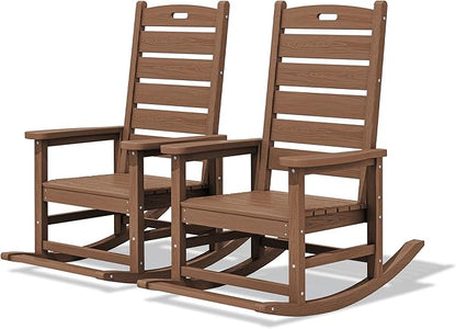 SERWALL Outdoor Rocking Chair Set of 2, Oversized Rocking Chair with Footboard for Adults, HDPE All Weather Resistant Rocking Chairs for Patio, 350lbs Weight Capacity, Brown