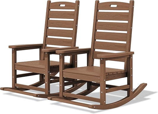 SERWALL Outdoor Rocking Chair Set of 2, Oversized Rocking Chair with Footboard for Adults, HDPE All Weather Resistant Rocking Chairs for Patio, 350lbs Weight Capacity, Brown