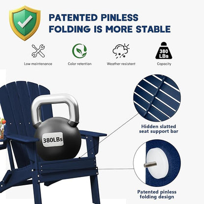 Plawdlik Folding Adirondack Chair Set of 6 with Cup Holder，Wooden Textured ，Heavy All-Weather HDPE Comfortable Set Poolside Backyard Lawn, Navy